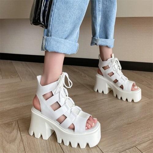 PXELENA Gothic Chunky High Heels Women Gladiator Sandals 2021 Summer Lace Up Hollow Out Thick Sole Platform Punk Rock Shoes Rome