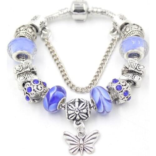 New Arrival Spring Style Blue Lampwork Bead Bracelet Butterfly Charms Bracelets&Bangle for Women Jewelry Gift Bijoux Pulsera