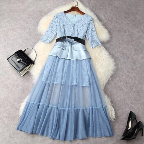 2021 Casual Celebrity Elegant Ladies Reception Lace Dresses New Womens Summer Mesh on Vacation Long Gauze Sexy Dress