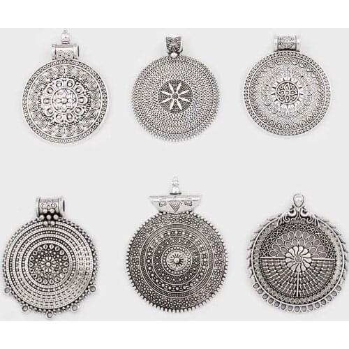 5pcs Tibetan Silver Multi Stand Round Bohemia Carved Flower Charms Pendant Connector For Necklace Jewelry Findings Making
