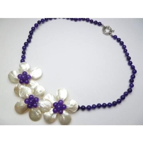 2019 Fashion Jewelry 3 White Mother Pearl Shell Flower Purple Bead Necklace 20inches