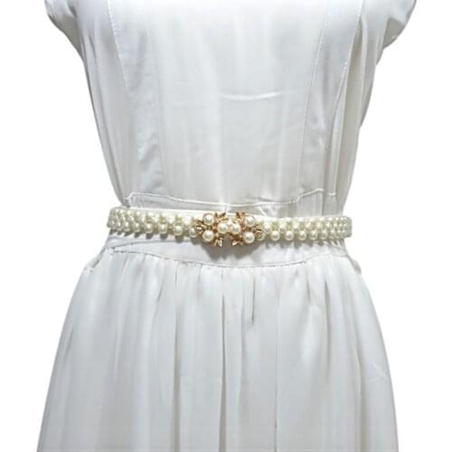 70x2cm Womens Three Rows Thin Faux Pearls Waistband Bridal Wedding Sash With Metal Alloy Flower Rhinestone Decor Bukle Belt