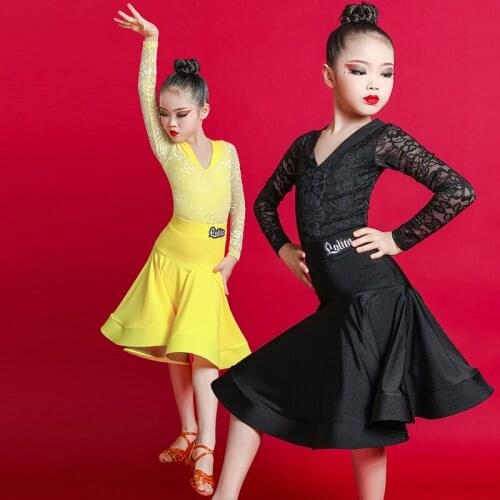 Children Latin Dance Competition Dress For Girls Lace Long Sleeve Top Skirt 2 Pieces Professional Ballroom Samba Costumes DL6681