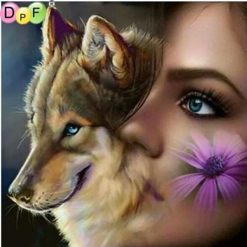 DPF Diamond Embroidery wolf and girl wall Diamond Painting Cross Stitch Square diamond Mosaic kit Needlework home Decor picture