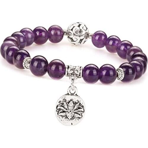 FYJS Unique Jewelry Silver Plated Vintage Lotus Flower Connect 8 mm Natural Purple Amethysts Round Beads Bracelet