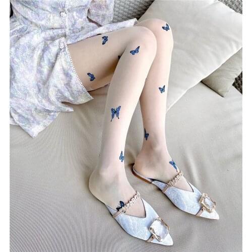 New Fashion Sexy Women Stocking Creative Blue Butterfly Printed Tights Ladies Summer Sheer Pantyhose Female Sock