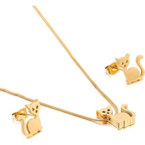 Korean fashion simple and delicate stainless steel cute cat necklace earrings set