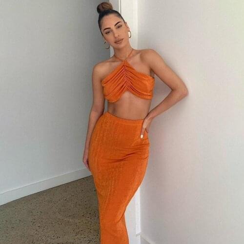 Summer Two Piece Dress Sets Womens Sexy Outfits Halter Crop Top Bodycon Skirt Party Beach Orange Purple Black Robe Ensembles