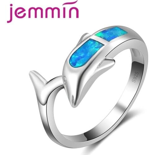 Cute Dolphin Shaped Ocean Blue Opal Ring 925 Sterling Silver Silver Color Jewelry For Elegant Women & Girl Wife Gift