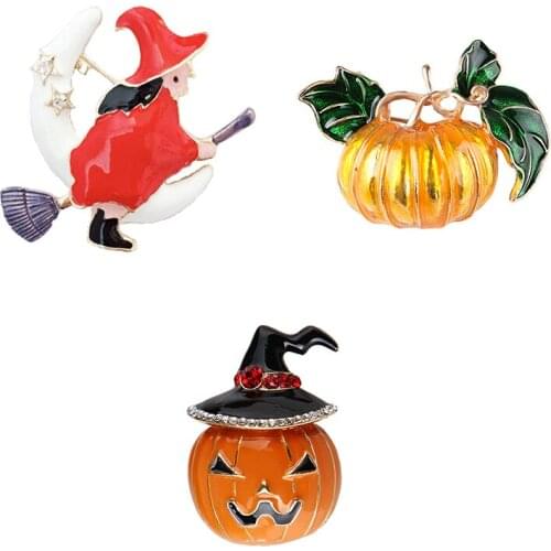 New Halloween Cute Pumpkin Ghost Mask Enameled Oil Brooch Magic Broom Witch Clothing Accessories Jewelry