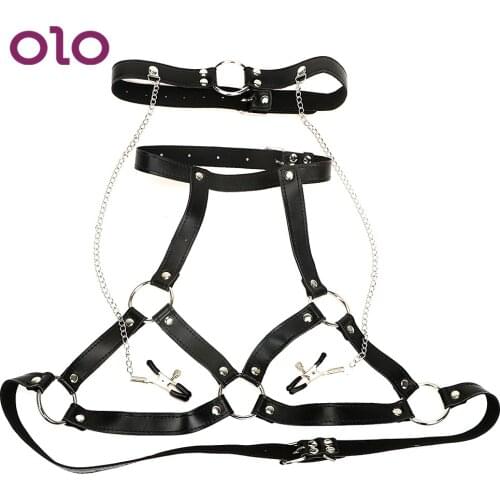 OLO O Ring Role Play PU Leather Nipple Clamps Mouth Gag Breast Clips Restraints Body Harness SM Bondage Sex Toys For Women