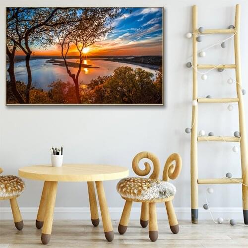 Natural Scenery Tree and Lake Posters and Prints on Canvas Wall Art Oil Paintings Sunset Landscape Picture for Living Room Home