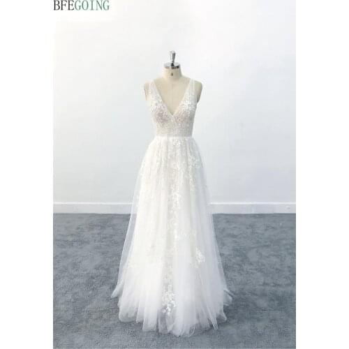 Simple Ivory Tulle Lace V-Neck Bridal Gown Sleeveless Floor-Length A-Line Wedding Dress Custom Made
