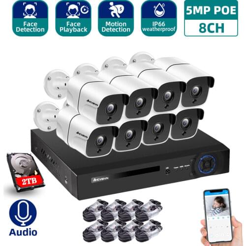 AHCVBIVN H.265 8CH 5.0MP POE IP Camera System With Weatherproof IP Camera CCTV Video Recorder Kit Face-Recording