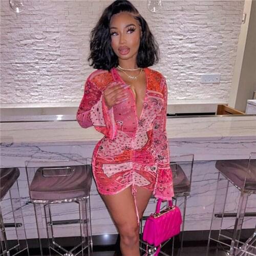 Molly Deep V Neck Paisley Print Party Dresses Drawstring Mesh Flare Long Sleeve Transparent Club Outfit For Women Mini Dress