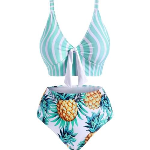 Wiaplo Plus Size 4XL Striped Tropical Pineapple Tied High Rise Tankini Swimwear Push-Up Bikini Sets Swimsuit Biquini Summer 2021