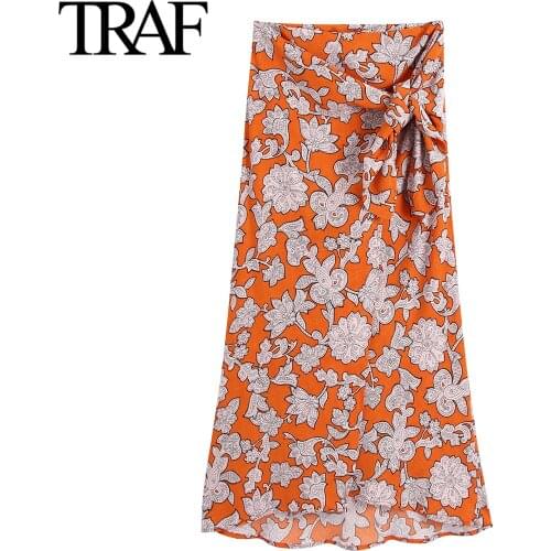TRAF Women Fashion Bow High Waist MIDI Skirt Summer Vintage Medieval Skirt Flower Printed Sarong Skirt Faldas Mujer
