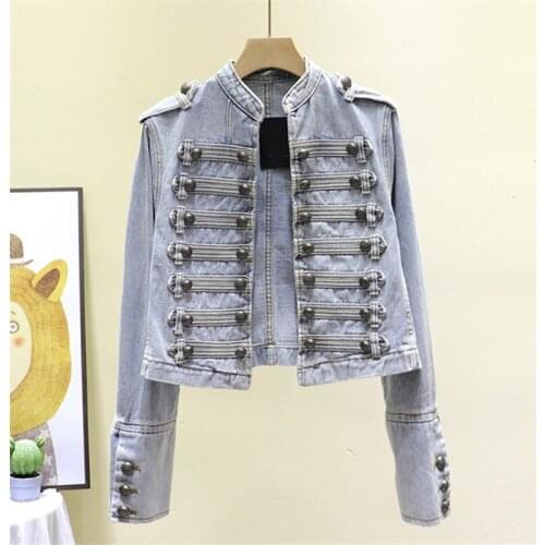 Spring Vintage Stand collar Double breasted Denim Jacket Women Slim Short Jeans Jacket Smoky gray Long-sleeve Casual Female Coat