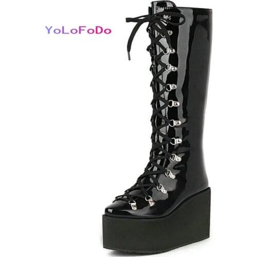 2021 Autumn Winter Women Knee High Boots Patent PU Leather Platform Thick Bottom Ladies Motorcycle Boots Round Toe Lace Up Shoes