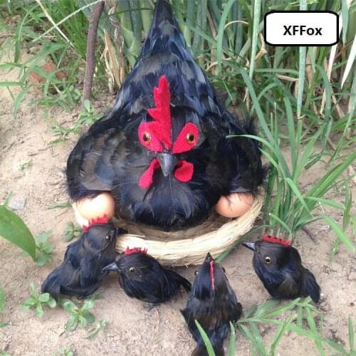 Simulation 1 big hen and 4 pieces small chicken model foam&furs black chicken doll gift about 30cm&12cm xf2050