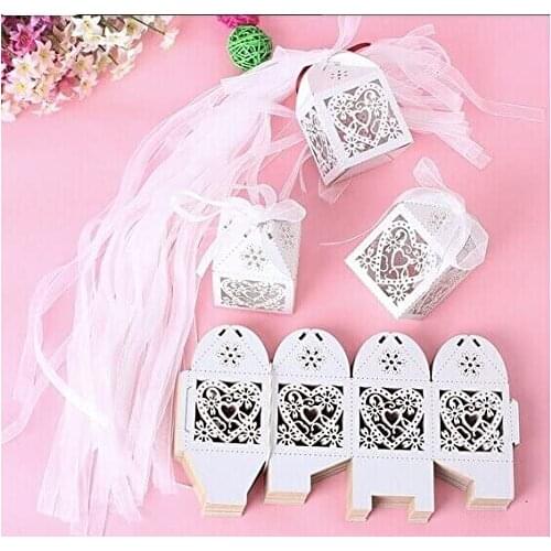 50 Pack White Flower Heart Laser Cut Favor Candy Box Bomboniere with Ribbons Bridal Shower Weddng Party Favors