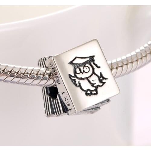 Authentic S925 Silver Bead DIY Jewelry Text Book with Owl Graduation Charm fit Lady Bracelet Bangle Lady Gift