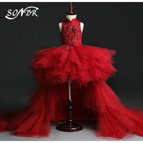 Burgundy Flower Girl Dresses HT067 Elegant Appliques Primera Comunion Decoracion Kid Dancing Party Gowns Removable Tail