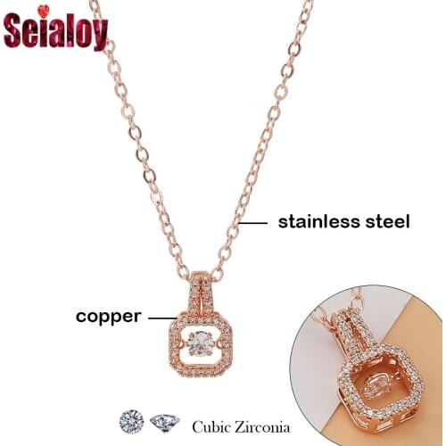 High Quality Stainless Steel Chain Fine Square Pendant Necklace For Women Original Rose Gold Cubic Zirconia Charm Necklace Gift
