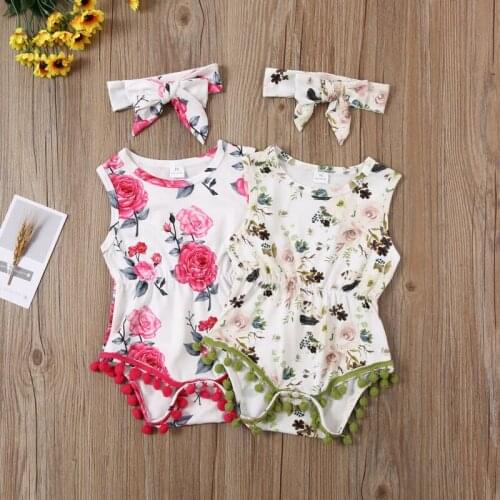 Citgeett Summer Newborn Baby Girls Sunsuit Clothes Floral Bodysuit Sleeveless Jumpsuit Headband Sets