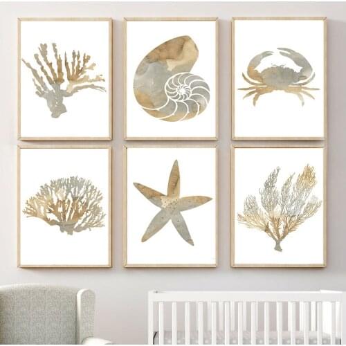 Coral Starfish Shell Seaweed Marine Life Wall Art Canvas Painting Nordic Posters And Prints Wall Pictures Baby Kids Room Decor