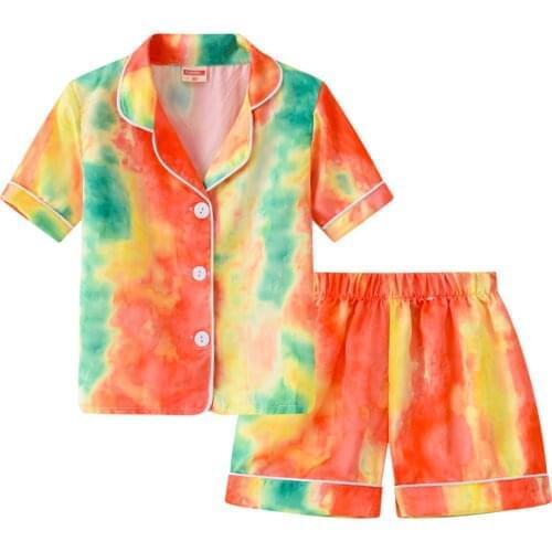 Summer Kids Boys Girls Tie Dye Pajamas Sets Short Sleeve Lapel Collar T-shirt Tops+Shorts Loungewear Clothing Sleepwear Pyjamas
