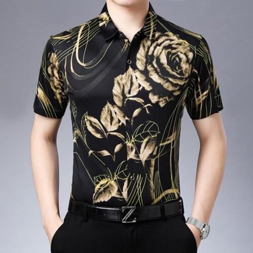 Summer new mens fashion business casual short-sleeved shirt mens ice silk print loose floral shirt Brand Sandy beach shirts