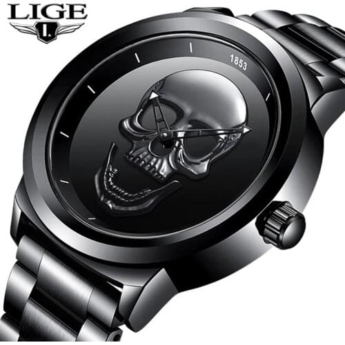 Men 3D Skull Watch LIGE New Fashion Mens Watches Top Brand Luxury Silica Gel Watch Men Quartz Creative Watches Relogio Masculino