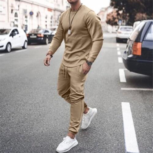 Men’s Autumn 2-Piece Shirts & Long Pants Sets Solid O Neck Long Sleeve Tracksuit Set Mens Clothing Brand Outfit Sets Plus Size