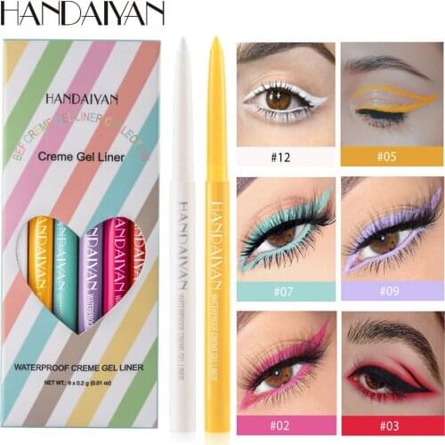 HANDAIYAN Makeup Colored Eyeliner Gel Pencil Kit 6 Colors/box Waterproof Color White Eye Liner Pen Make up Cosmetics Yellow Blue