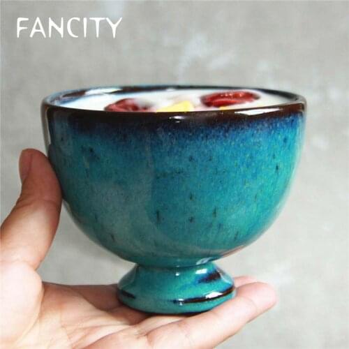 FANCITY Creative retro beautiful ceramic green ice cream bowl yogurt salad dessert breakfast tableware thickened bowl