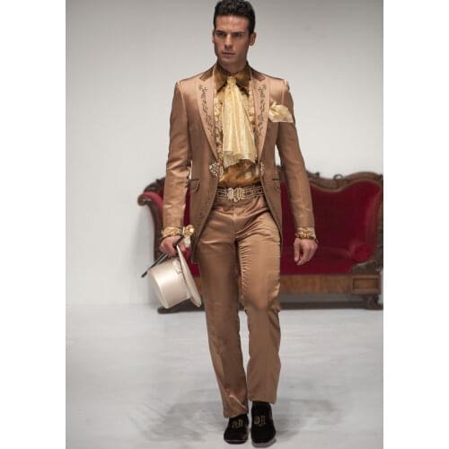 Latest Coat Pant Design Brown Embroidery Satin Men Suit Slim Fit Suits Italian Tuxedo Custom 2 Piece Prom Blazer Terno Masculino