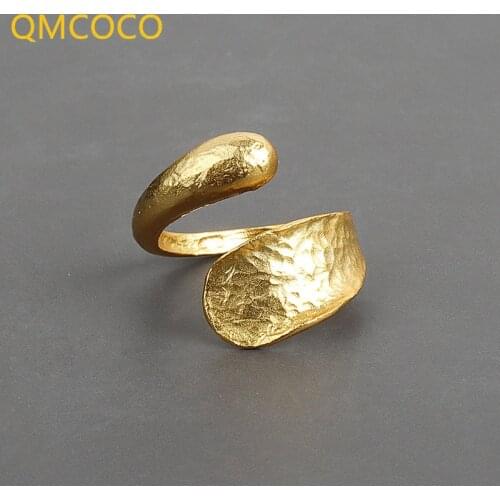 QMCOCO 2021 New 925 Silver Korean Style Drop-Shaped Golden Irregular Tin Foil Texture Open Ring Female Fashion Jewelry