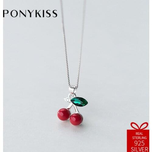 PONYKISS Cute100% 925 Solid Sterling Silver Cherry Zircon Chain Necklace Chain Women Fine Jewelry Engagement Party Gift