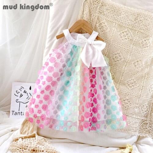 Mudkingdom Girls Princess Dress Cute Flower Sleeveless Crew Neck Bow Mesh Zipper Dresses for Toddler Summer Children Clothing