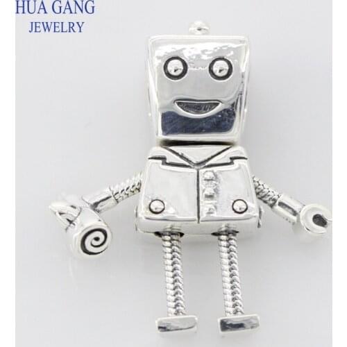 Fit Original Pandora Charm Bracelets Bangles Real 925 Sterling Silver Rob Bot Charm Beads DIY Jewelry Robot Beads