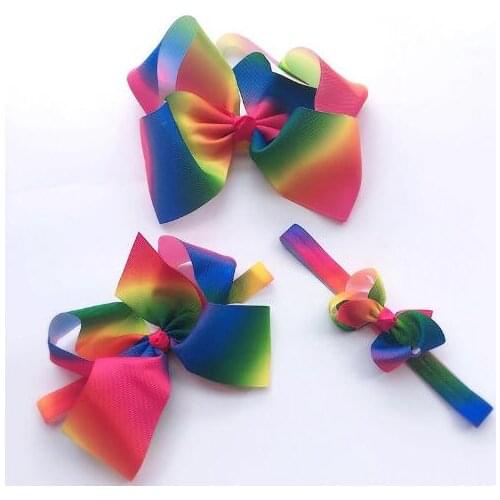 On sale 1pcs girl boy Rainbow Grosgrain Hair Bows headband elastic hair Band children Boutique Big Bows For Girl Party Wear