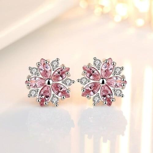 Luxury Female Pink Zircon Stone Earrings Gold Silver Color Wedding Earrings Jewelry Cute Flower Small Stud Earrings For Women