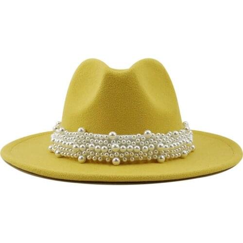 Simple Women Men Wool Wide Brim Fedora Hat With With Pearl Ribbon Wool Vintage Jazz Panama Sombrero Top Jazz Cap