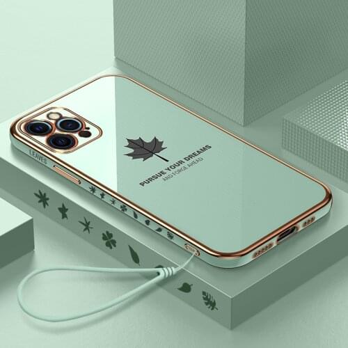 Luxury Cute Maple Leaf Square Plating Silicone Phone Case For iPhone 12 11 Pro XS max SE XR 8 7 6 Plus Ultra-thin Lanyard Cover