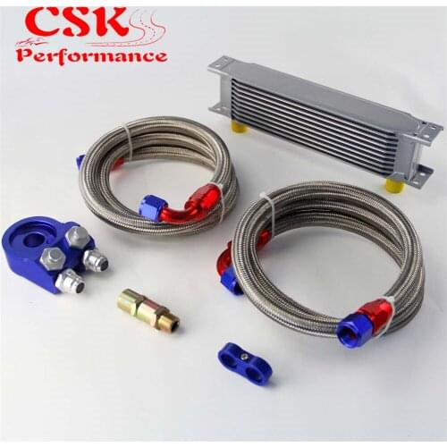 Universal 10 Row 248mm AN10 Engine Transmission Oil Cooler British Type + Aluminum Filter Adapter Kit Blue