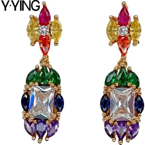 Y·YING geometric Multi Color Cubic Zirconia micro Pave gold color plated Stud Earrings luxury for women