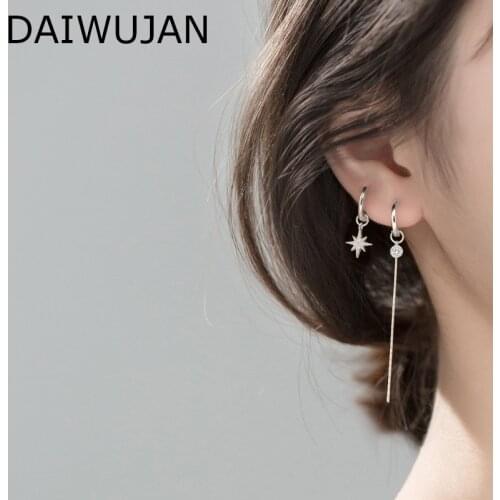 DAIWUJAN Summer Asymmetric Shiny Zircon Star Long Tassel 925 Sterling Silver Earrings Women Punk Round Bead Hoop Earring Jewelry