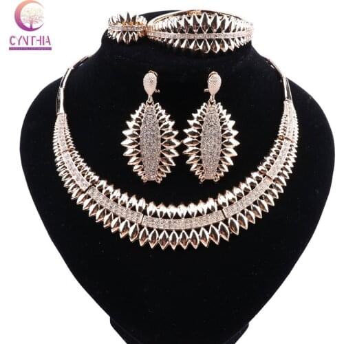 CYNTHIA Gold Color Jewelry Sets For Women African Crystal Necklace Earrings Bracelet Rings Party Dress Accessories