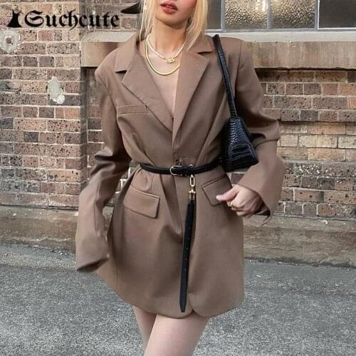 SUCHCUTE Vintage Women Blazer With Sashes Pockets Loose Casual Office Lady Autumn Winter Jacket Coat Streetwear Fashion Chic Top
